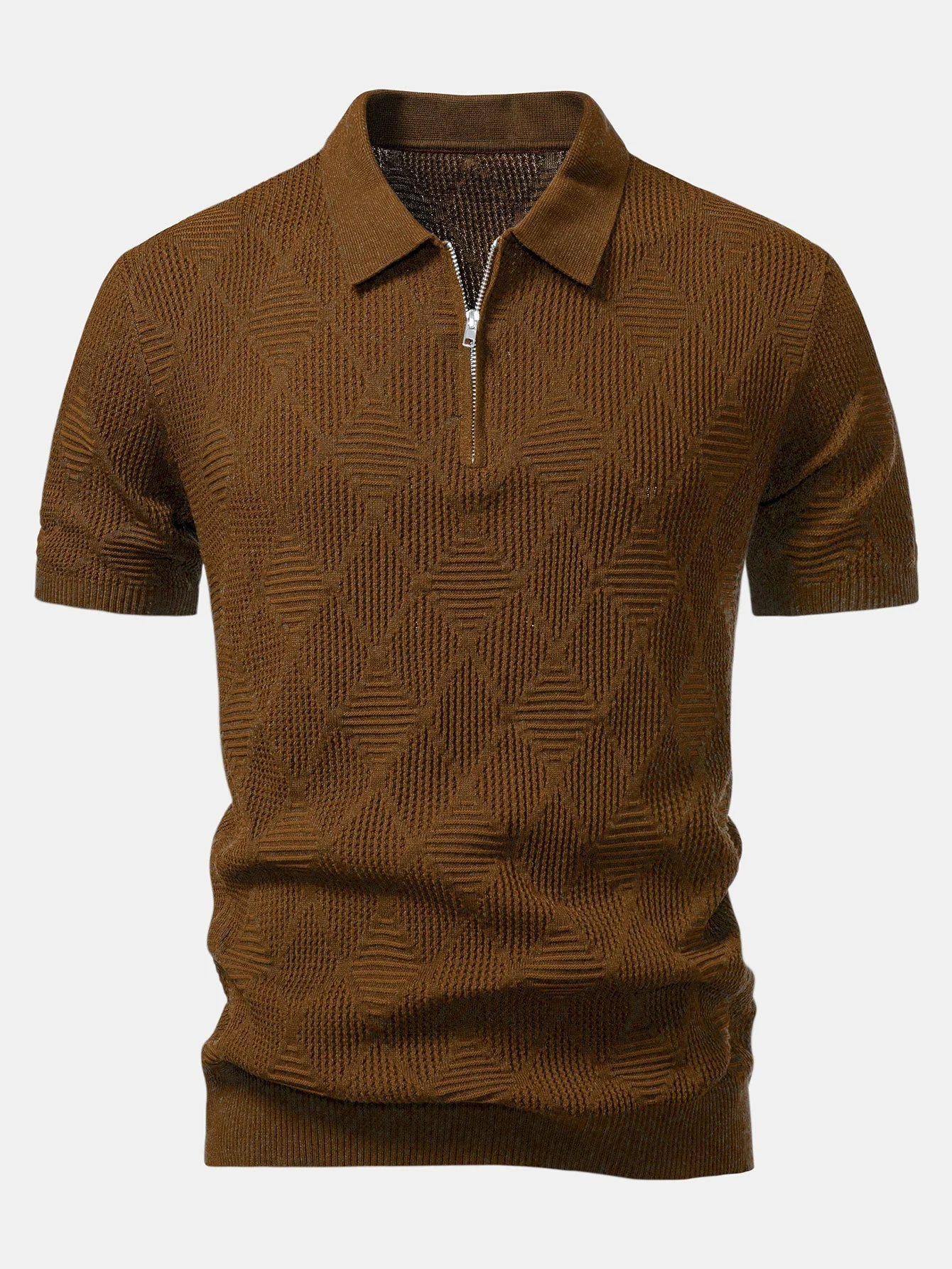 Aiden | Rhombus Textured Zip Up Knitted Polo Shirt - Image 10