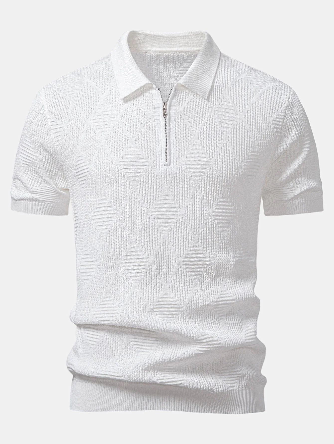Aiden | Rhombus Textured Zip Up Knitted Polo Shirt - Image 8