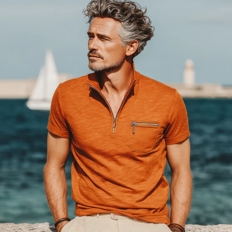 Ben | Men'S Business Cotton Stand Collar Quarter Zip Short Sleeve T-Shirt - Image 3