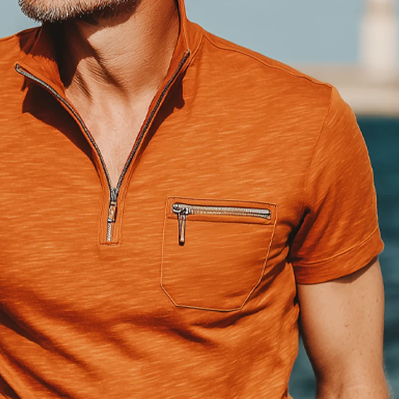 Ben | Men'S Business Cotton Stand Collar Quarter Zip Short Sleeve T-Shirt - Image 4