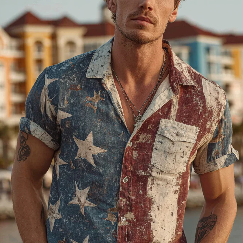 Caleb | Men'S Vintage American Flag Print Short Sleeve Shirt - Image 3