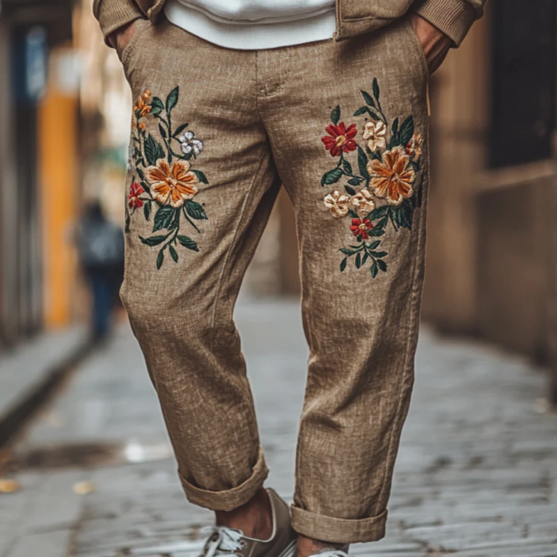 Chip | Men'S Vintage Elegant Flower Embroidery Breathable Linen Straight Pants - Image 3