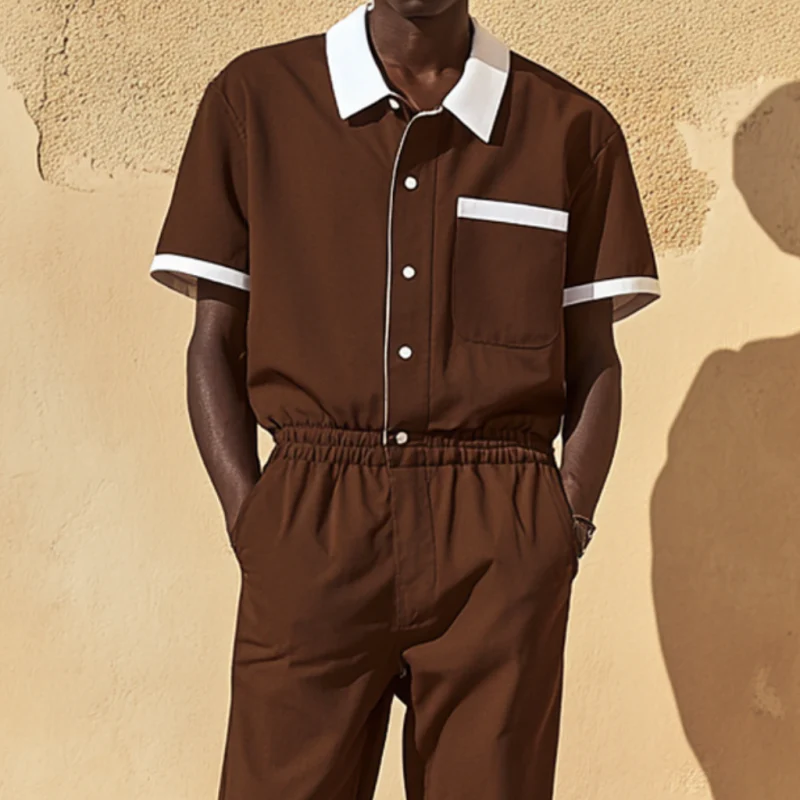 Edgar | Men'S Casual Cotton Blend Colorblock Lapel Patch Pocket Short Sleeve Shirt Pants Slim Jumpsuit - Image 3