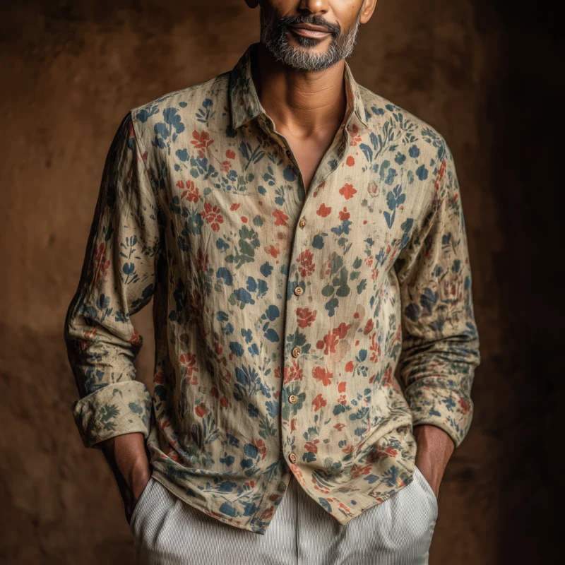 Forrest | Men'S Vintage Distressed Floral Print Lapel Slim Fit Long Sleeve Shirt - Image 3