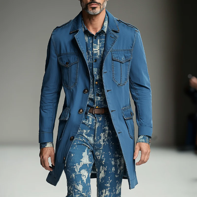 Harvey | Men'S Vintage Washed Navy Style Mid-Length Denim Trench Coat - Image 3