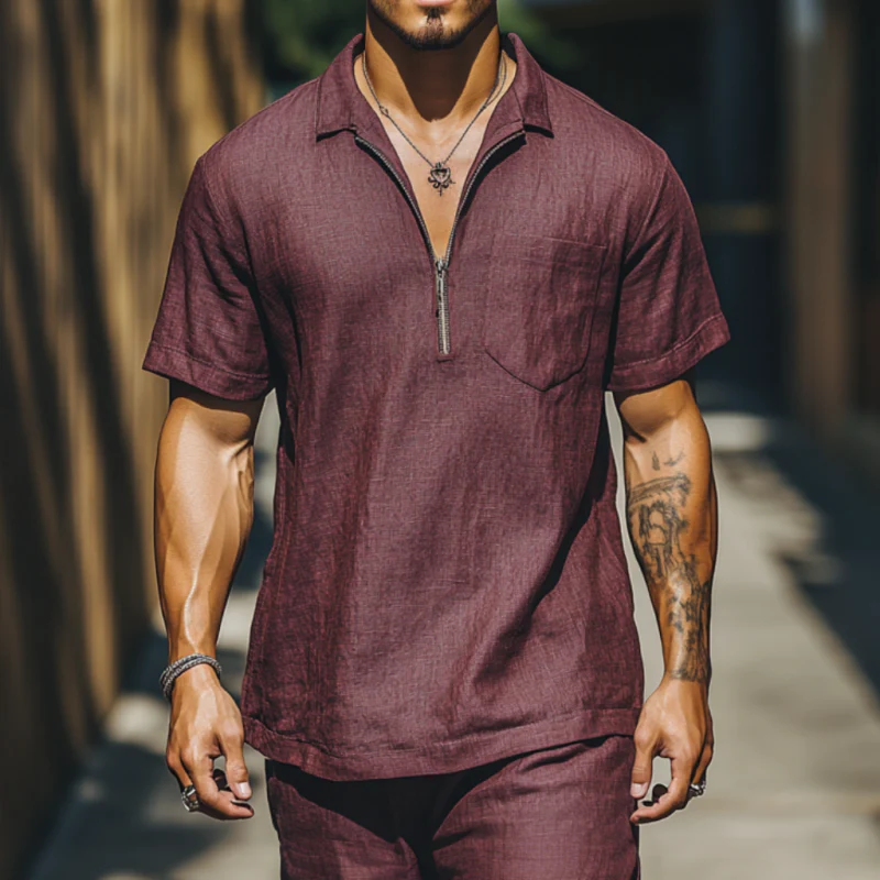 Hector | Men'S Casual Breathable Linen Zipper Lapel Patch Pocket Loose Short Sleeve Polo Shirt - Image 3