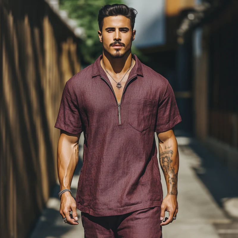 Hector | Men'S Casual Breathable Linen Zipper Lapel Patch Pocket Loose Short Sleeve Polo Shirt - Image 4