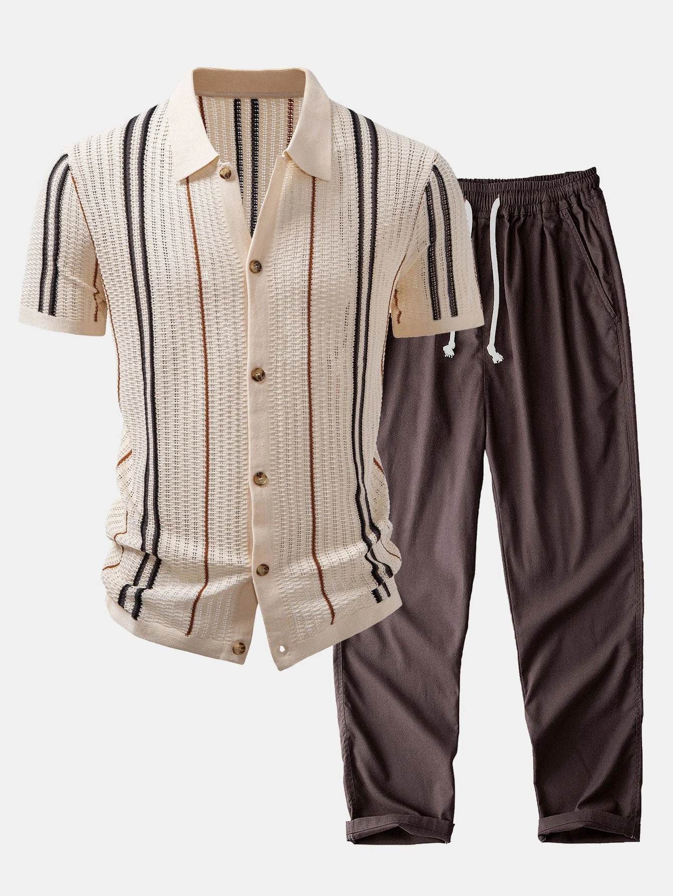 hola CROCHET STRIPED SHIRT WITH BUTTONS & STRAIGHT LEG LINEN PANTS - Image 3