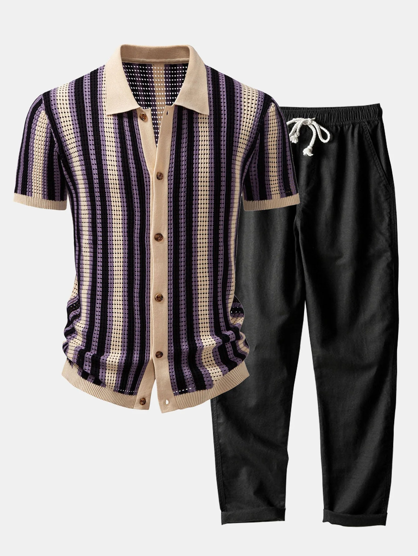 hola STRIPED SHIRT WITH CROCHET EYELETS & STRAIGHT LEG LINEN PANTS - Image 3