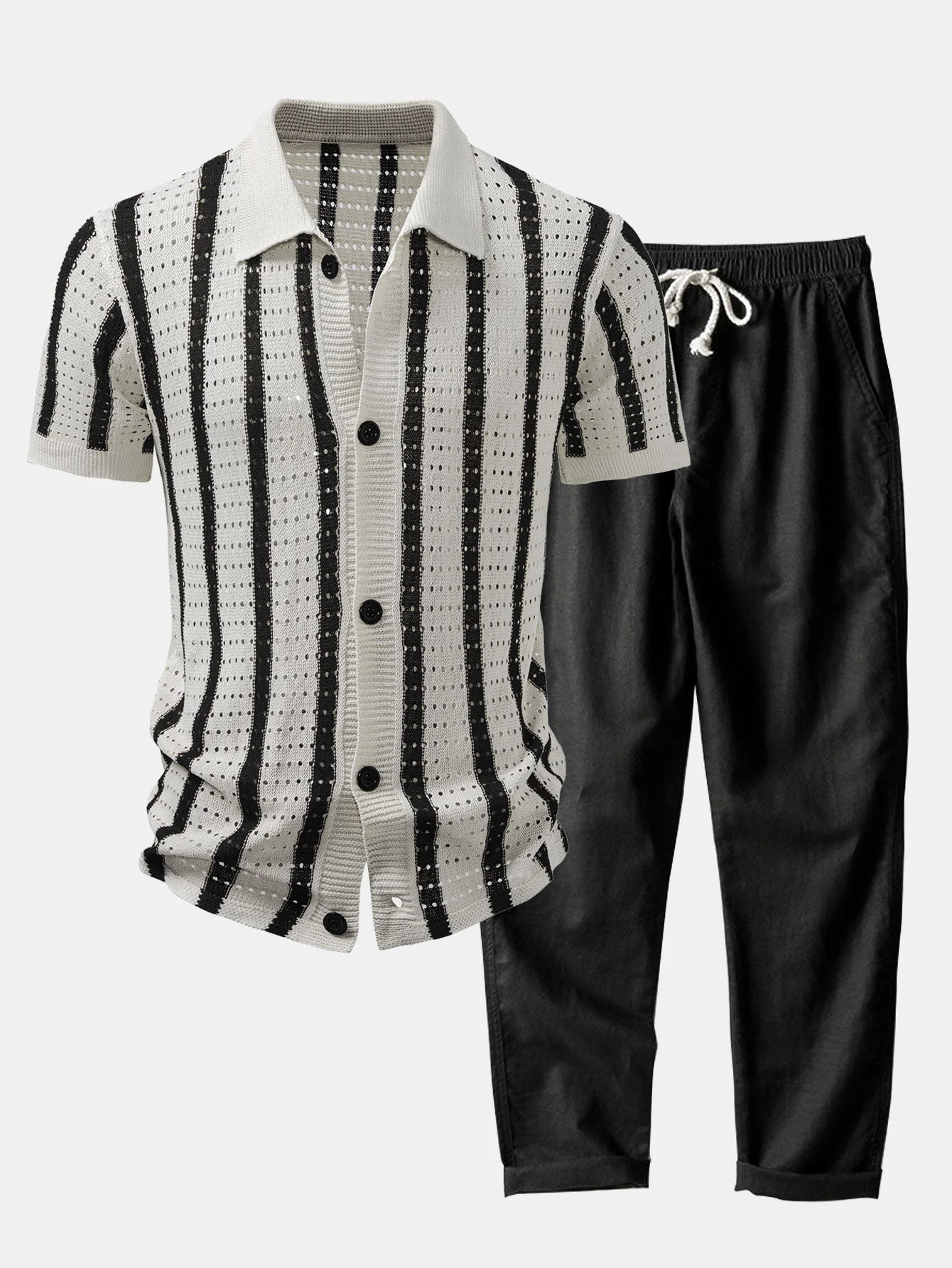 hola Striped shirt with knitted eyelets & straight leg linen trousers - Image 3