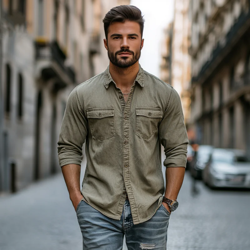 Kendall | Men'S Vintage Distressed Washed Cotton Lapel Chest Pocket Slim Fit Long Sleeve Work Shirt - Image 3