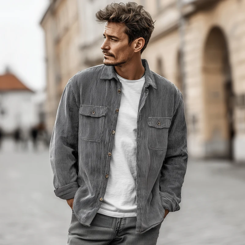 Lloyd | Men'S Casual Breathable Striped Cotton Lapel Flap Pocket Loose Long Sleeve Shirt Jacket - Image 3