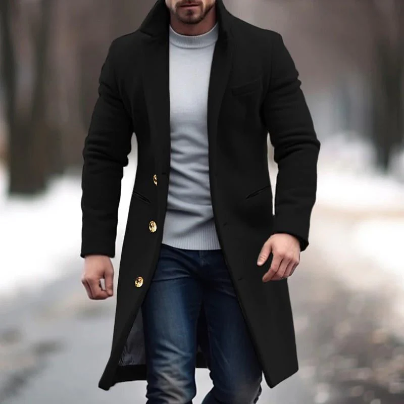 Men'S Vine Solid Color Long Woolen Single-Breasted Lapel Coat - Image 4