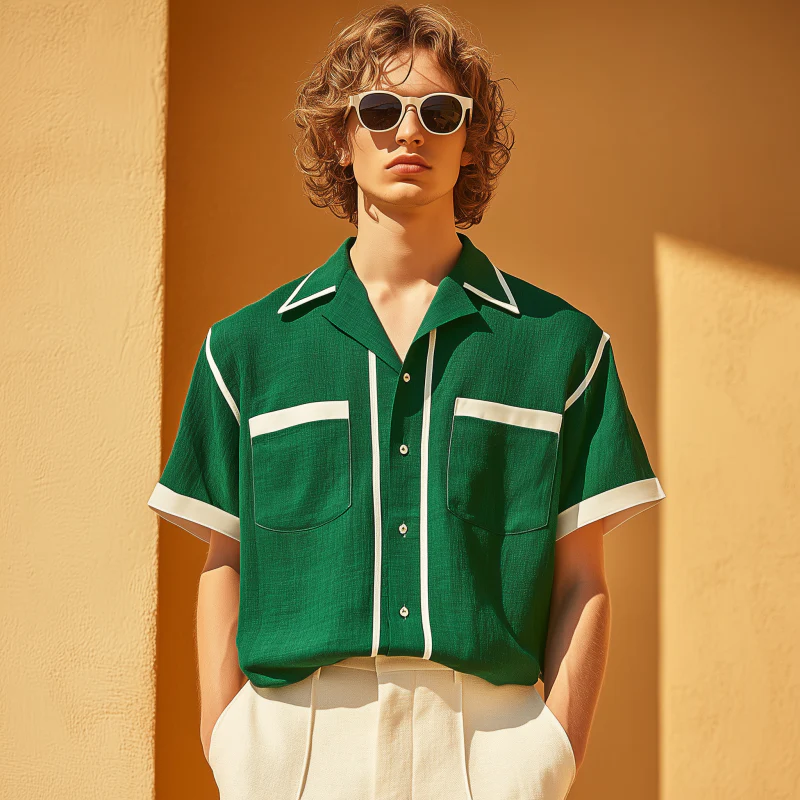 Mitchell | Men'S Casual Breathable Linen Contrast Patchwork Lapel Patch Pocket Loose Short-Sleeved Shirt - Image 3