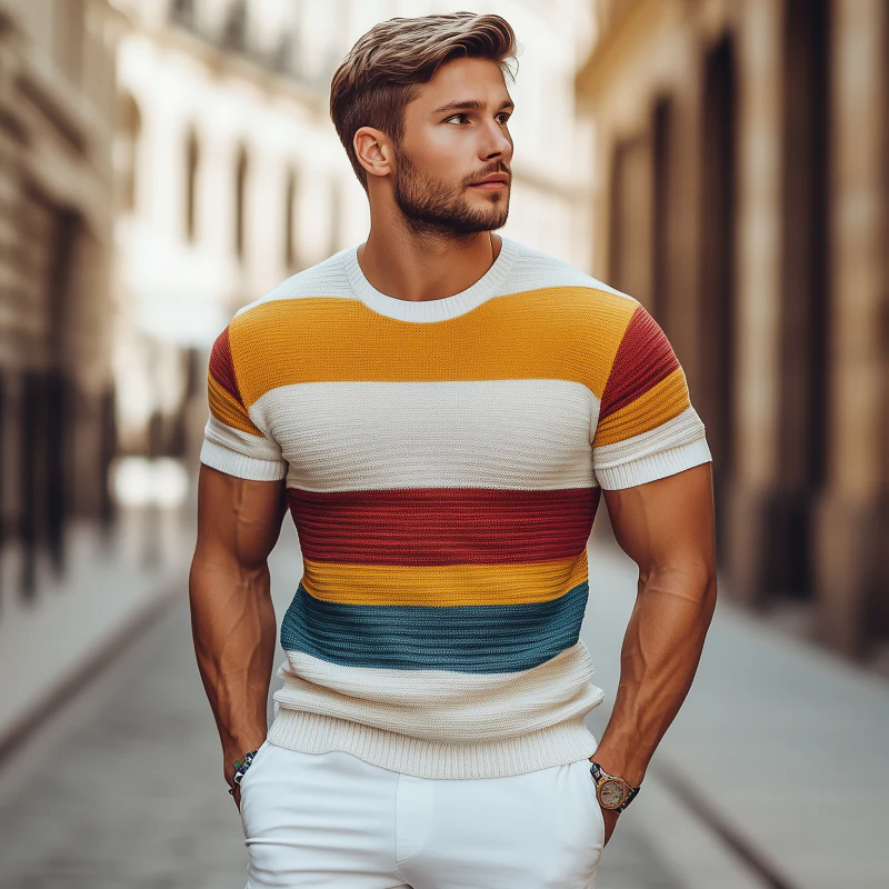 Monty | Men'S Casual Colorful Striped Knitted Round Neck Slim Fit Short Sleeve Sweater T-Shirt - Image 3