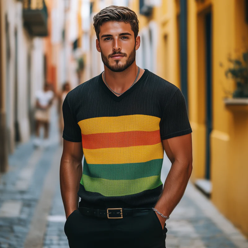 Myles | Men'S Casual Colorful Striped Breathable V-Neck Loose Knitted Short-Sleeved T-Shirt Sweater - Image 3