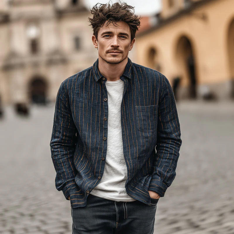 Noel | Men'S Casual Breathable Linen Striped Lapel Patch Pocket Slim Fit Long Sleeve Shirt - Image 3