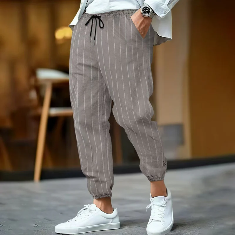 Rudolph | Men'S Casual Breathable Cotton Linen Striped Elastic Waist Loose Cuff Pants - Image 3