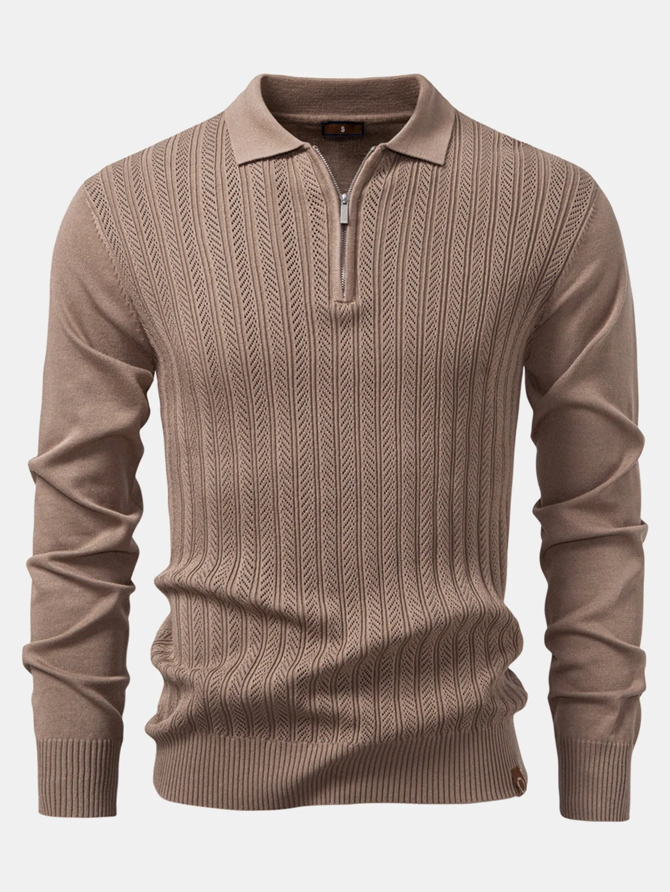 Steven | Long Sleeved Knitted Geometric Jacquard Zippe Polo Shirt - Image 7