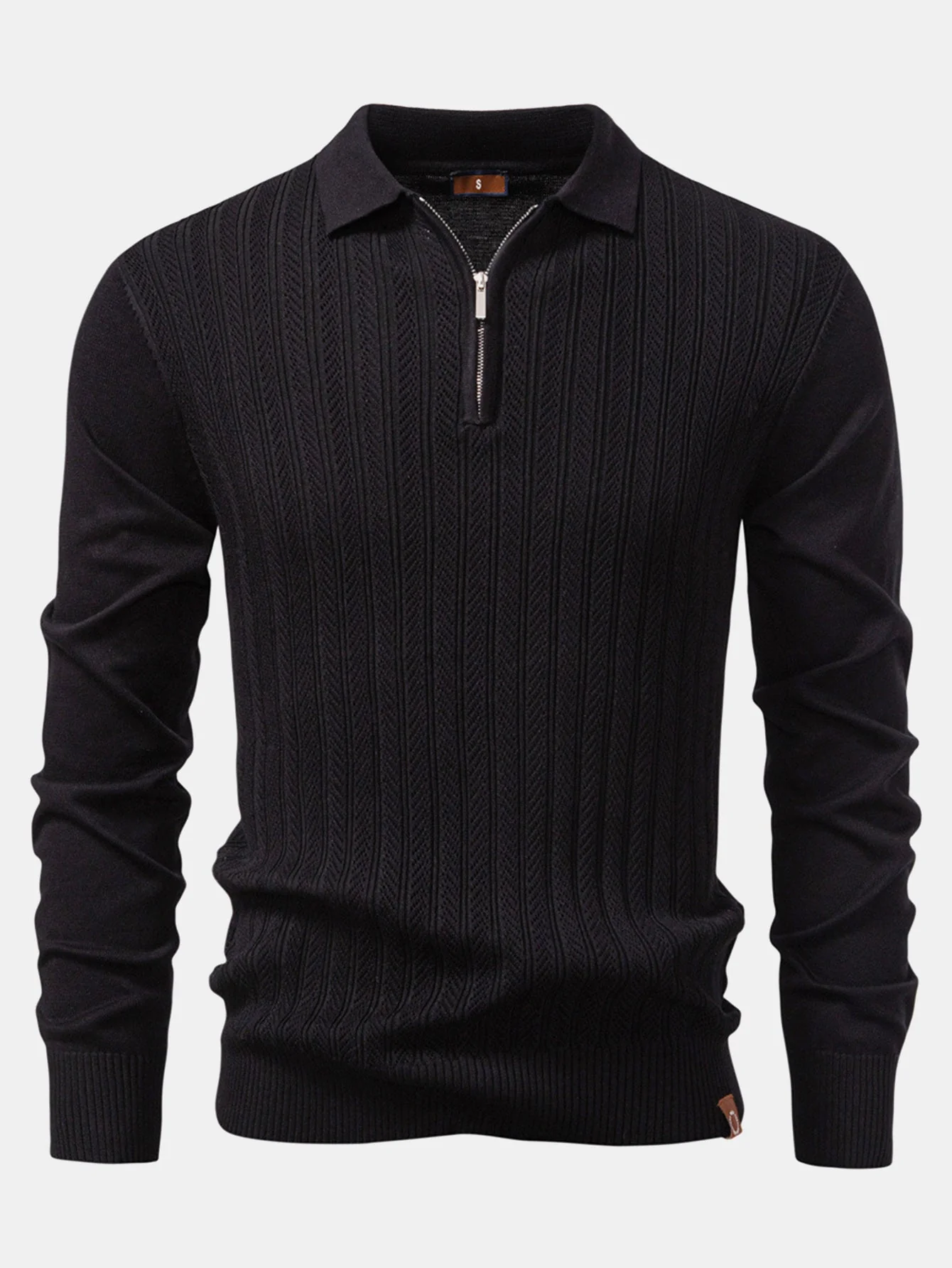 Steven | Long Sleeved Knitted Geometric Jacquard Zippe Polo Shirt - Image 9